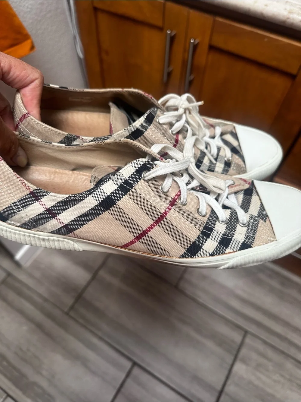 Burberry Beige Plaid Low-Top Sneakers with White Accents